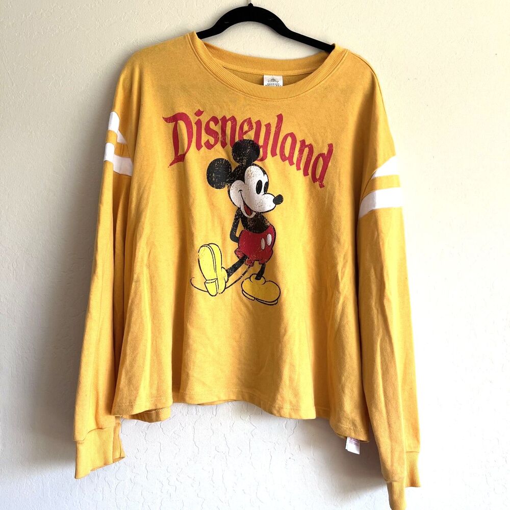 Disneyland Mickey Mouse Distressed Graphic Sweatshirt Yellow 2X